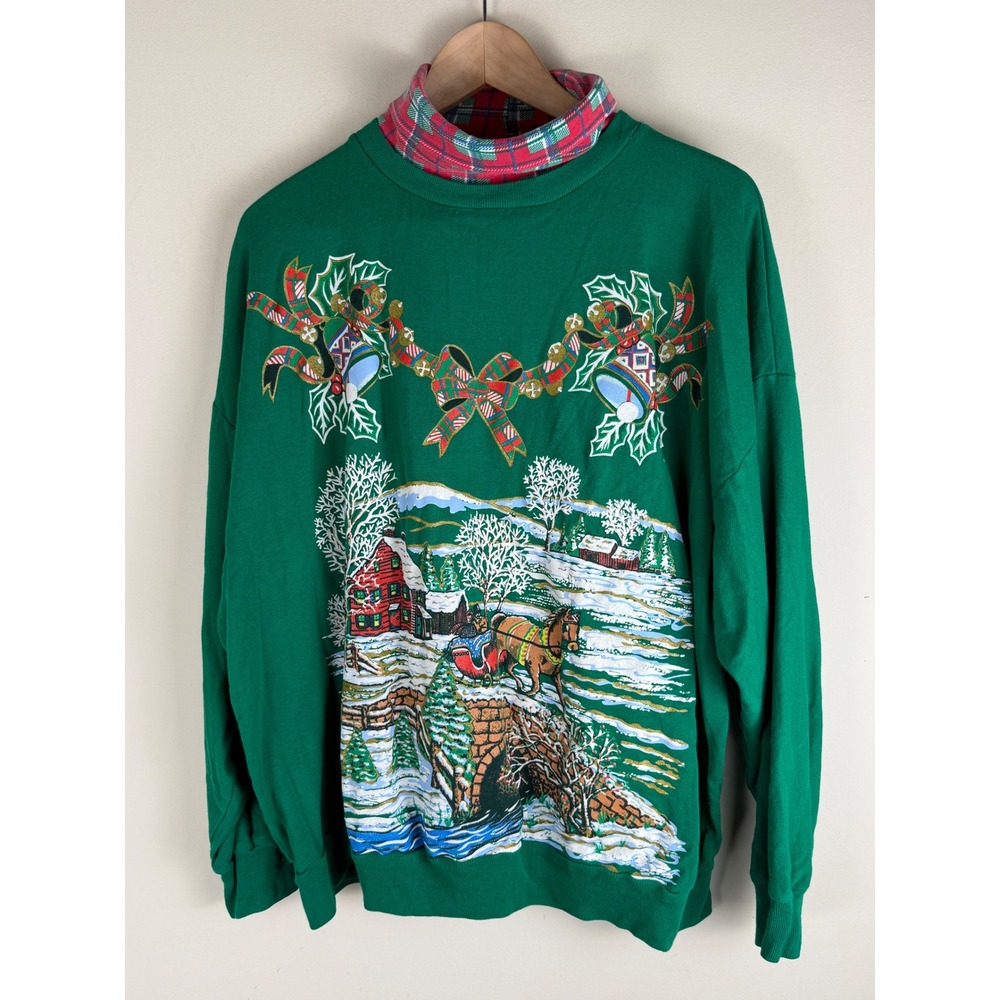 VTG Nut Cracker Holiday Christmas Scene Turtleneck Sweater Top Green Size 22